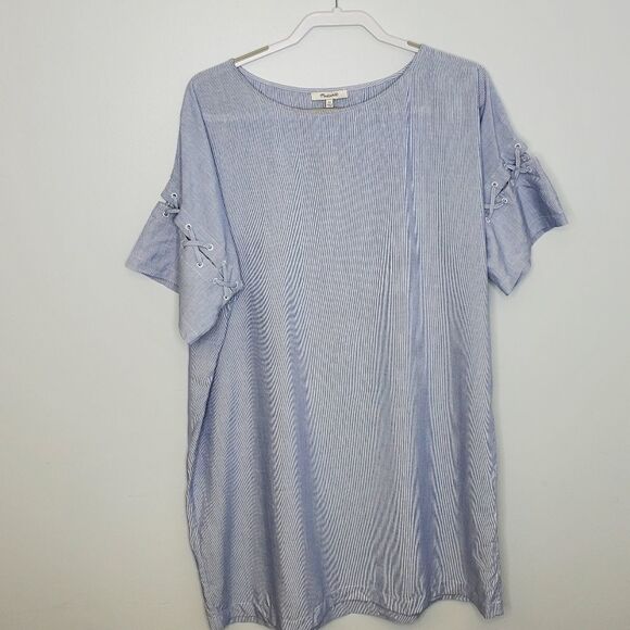 NEW MADEWELL blue stripe dress lace up short sleeve shirt XL - Picture 3 of 8